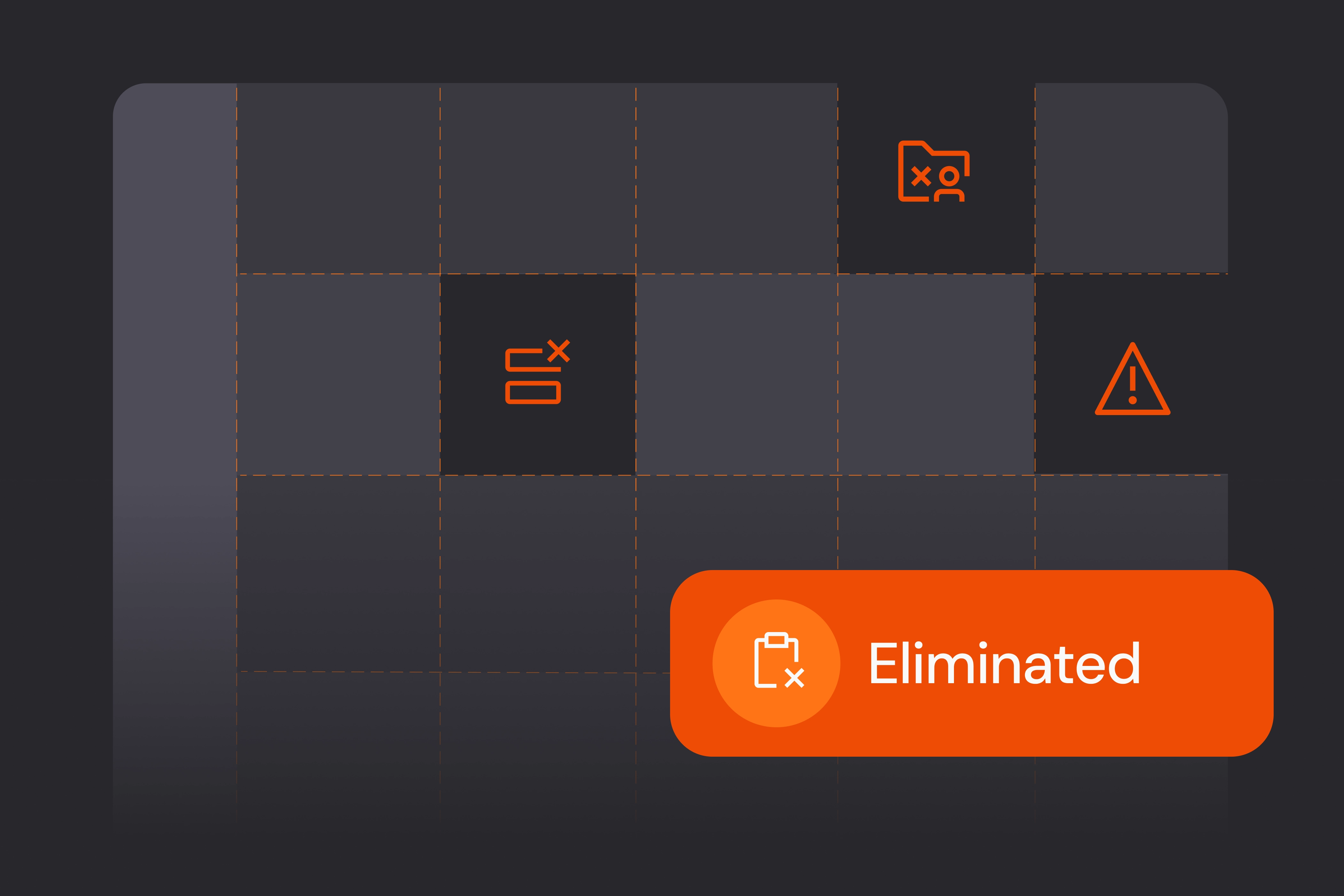 Grid-style interface highlighting an eliminated item with warning and removal icons