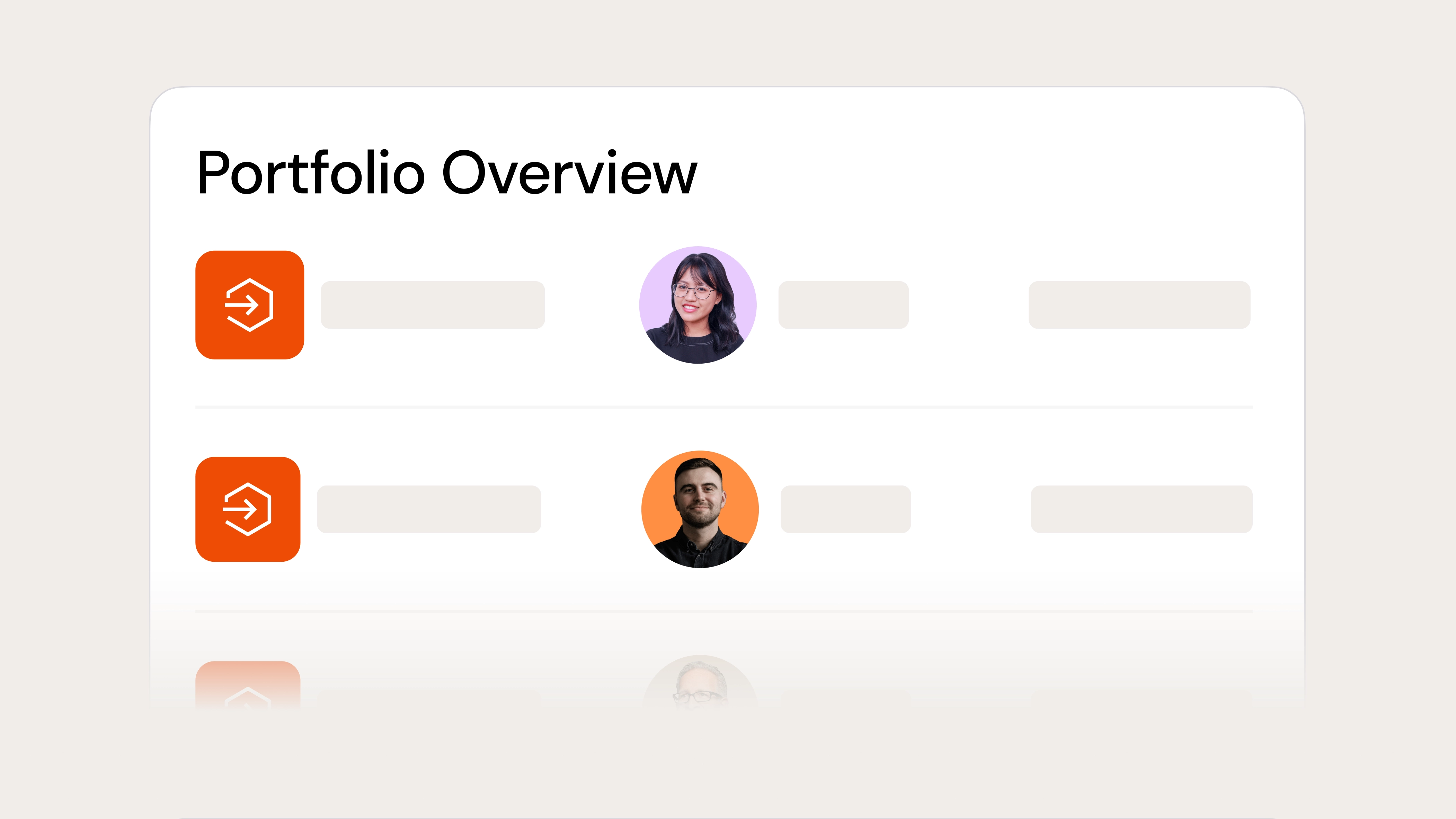 Portfolio overview list showing projects, assigned managers, status, and customers