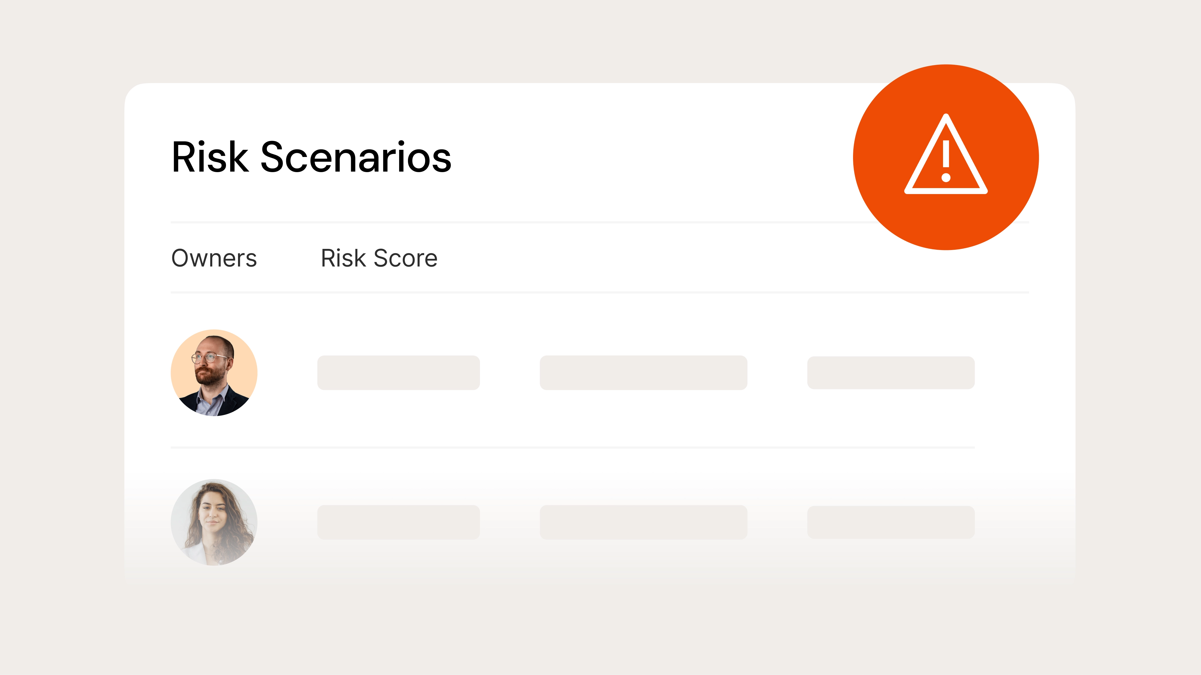 Risk scenarios table with owners, risk scores, treatment status, and a highlighted priority alert