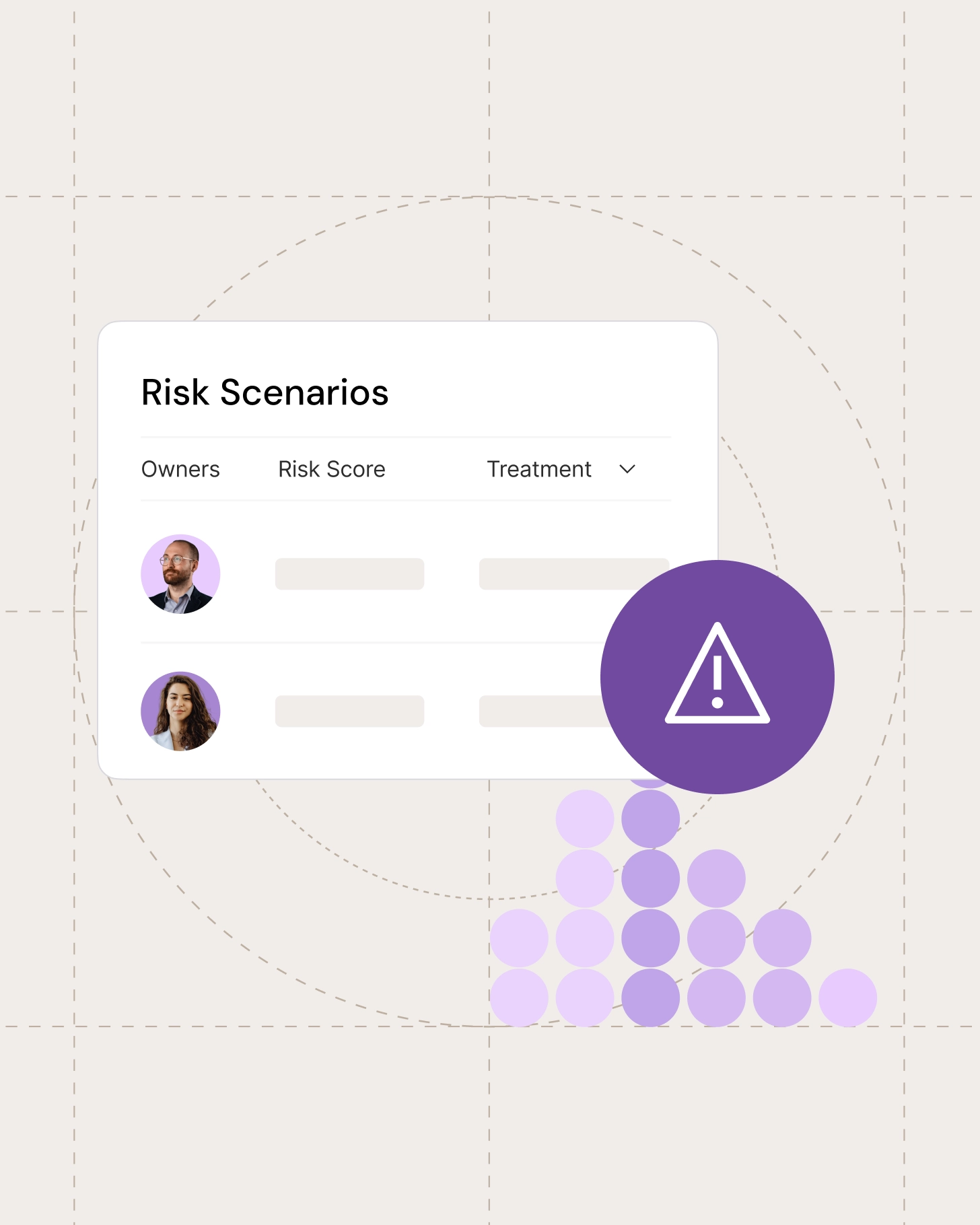 Risk scenario list displaying owners, risk scores, and treatment status with warning indicator