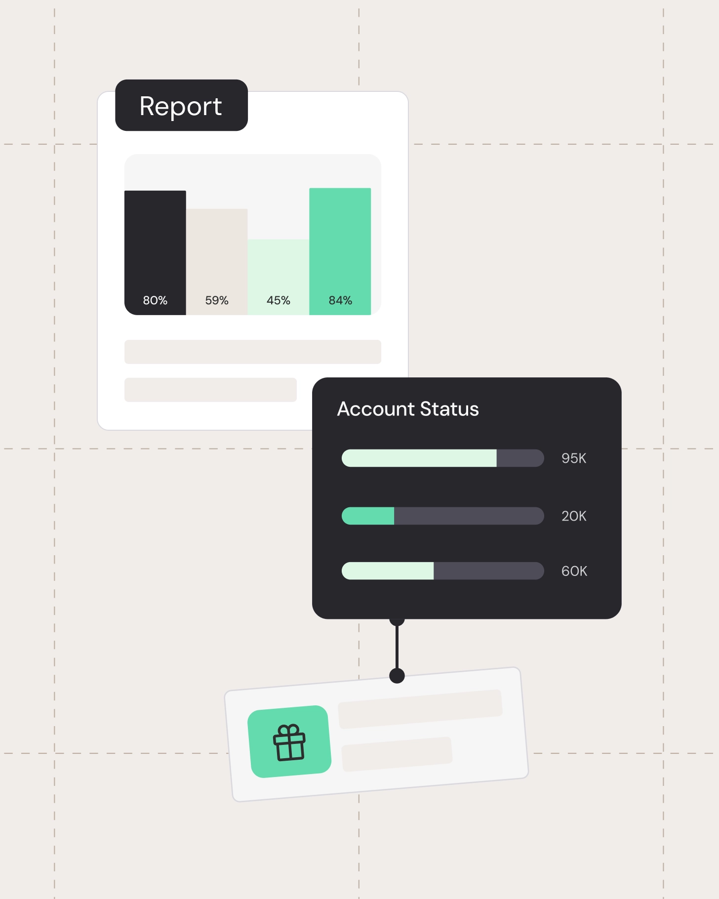 Reporting dashboard with completion percentages and account status progress bars.