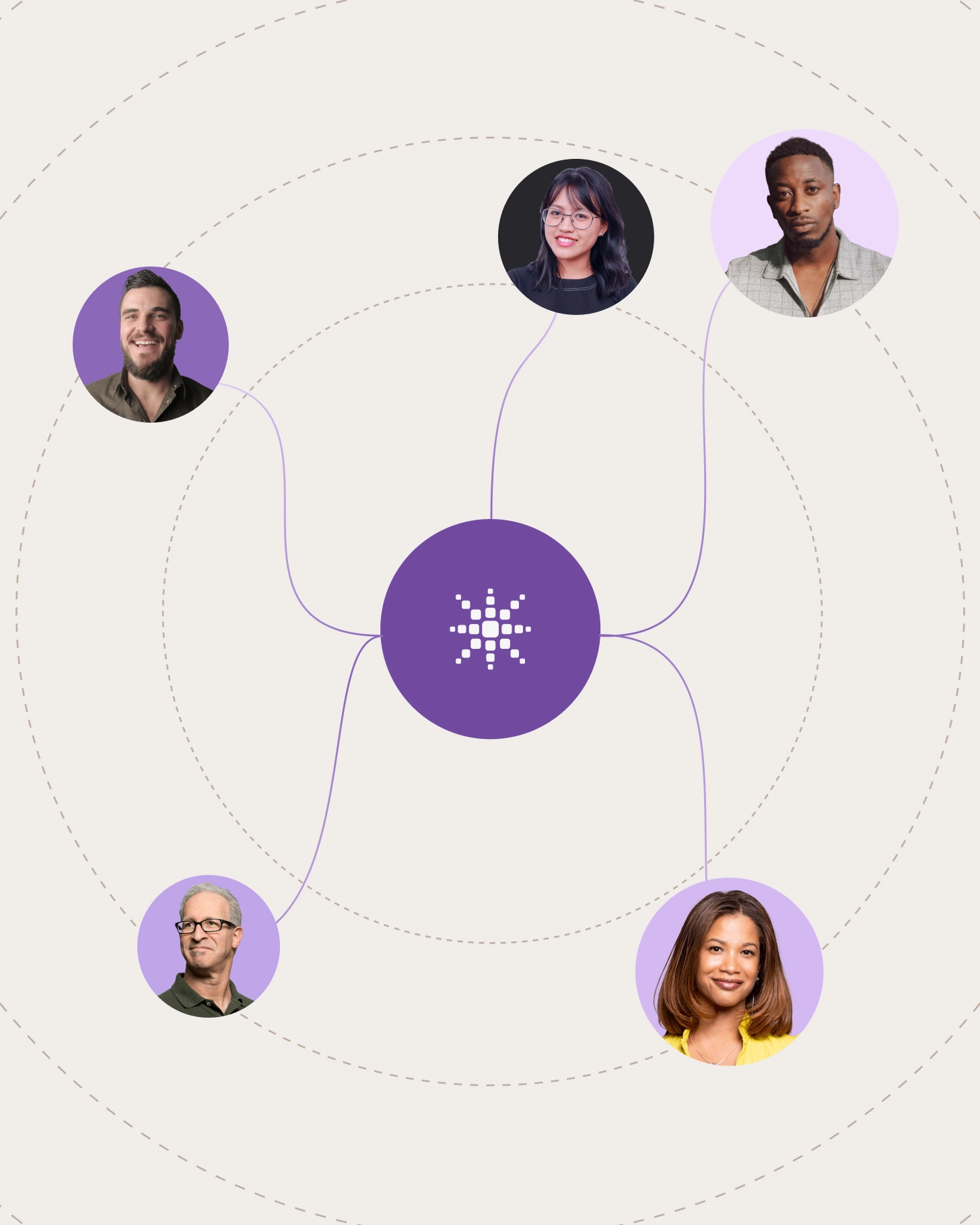 Group consolidation illustration showing connected stakeholders around a central data hub.