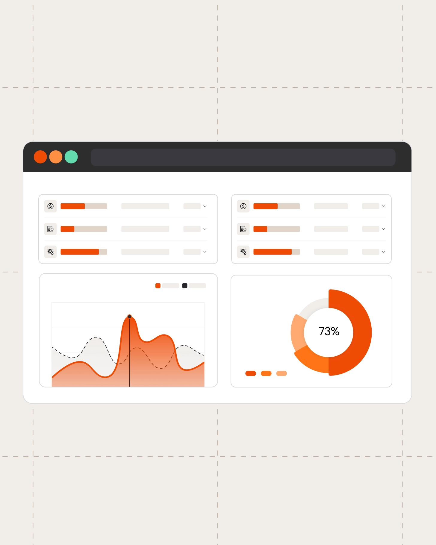 Analytics hub dashboard showing KPIs, line chart trends, and a donut chart with 73 percent completion.