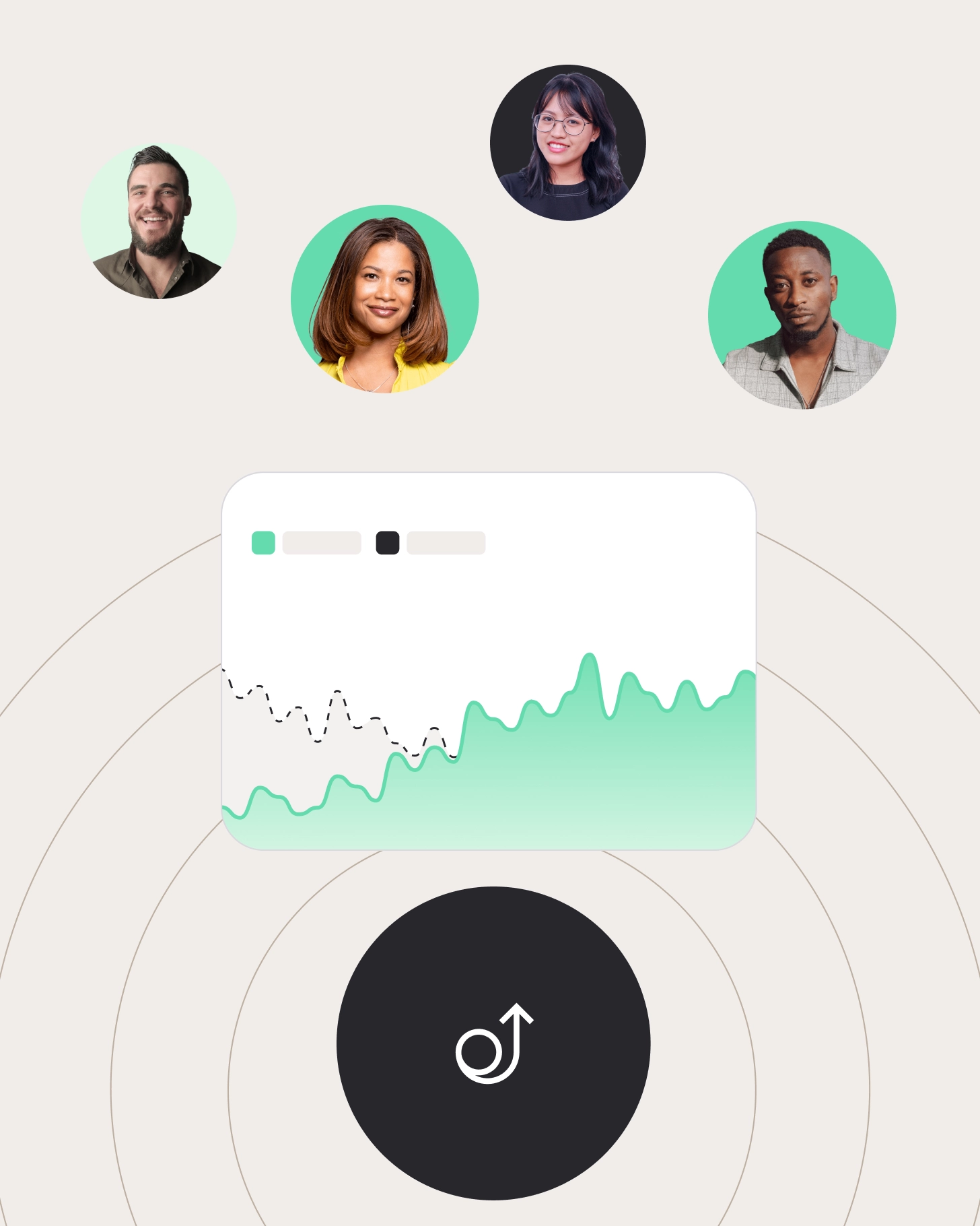 Team avatars surrounding a performance chart with an upward trend, representing collaborative growth tracking.