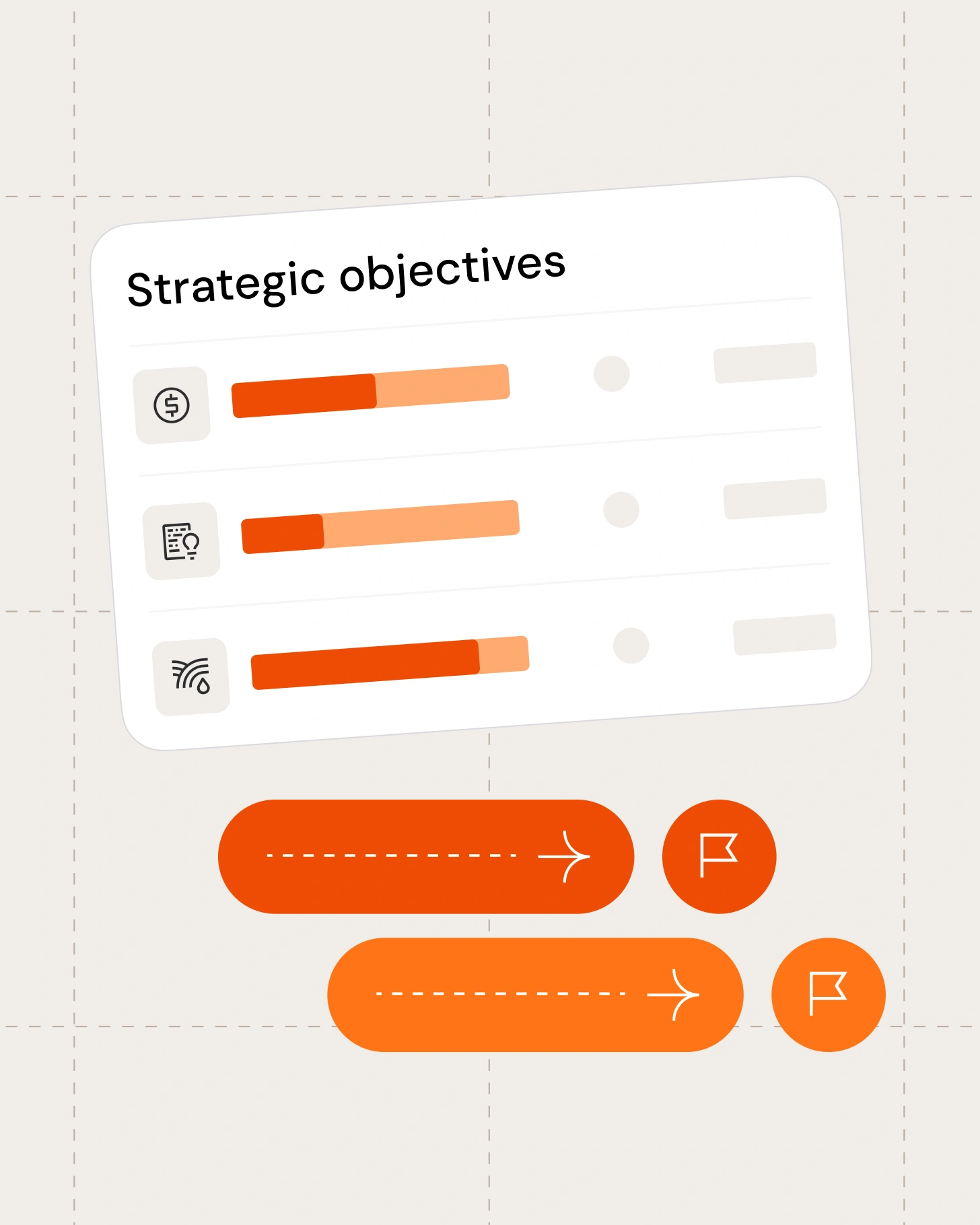 Dashboard card labeled “Strategic objectives” showing three progress bars with icons and call-to-action buttons.