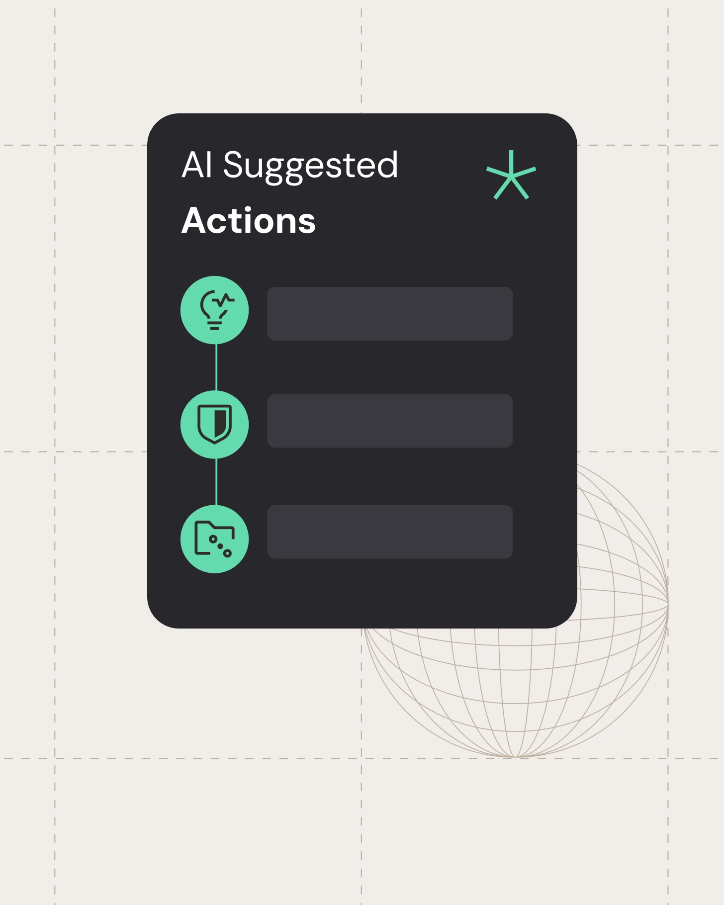 AI suggested actions panel listing prioritized recommendations with icons for insights, risk, and data sources