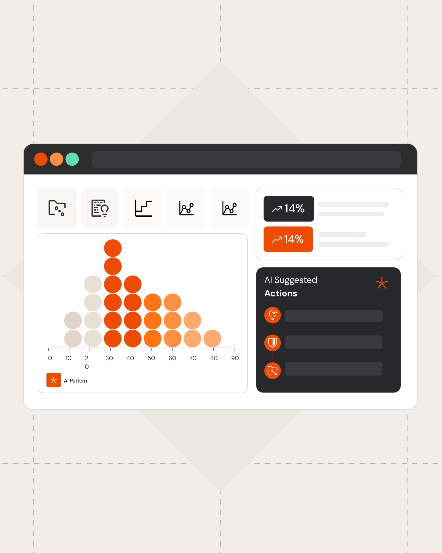 AI insights dashboard showing detected data patterns, performance metrics, and suggested actions in a single view