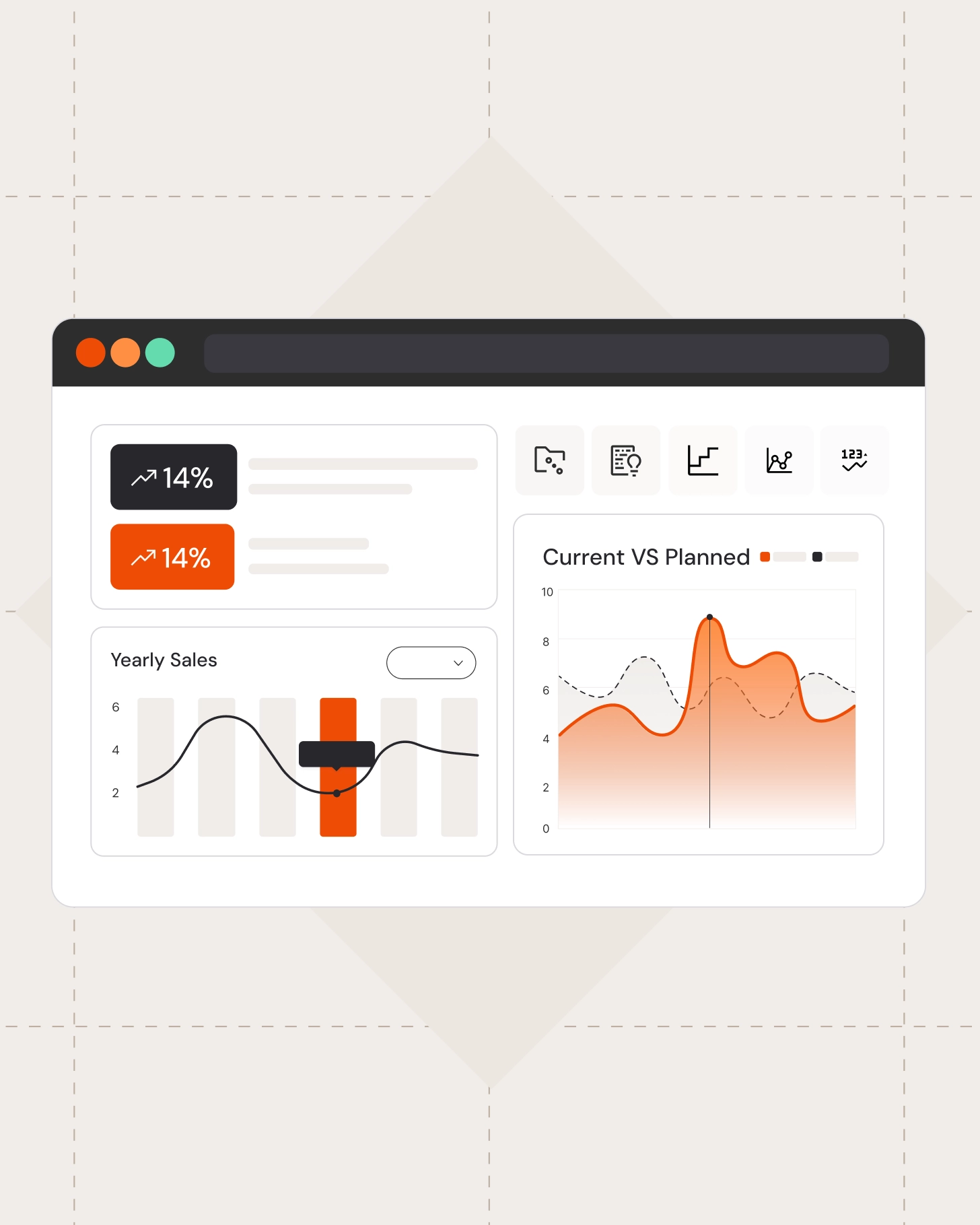Dashboard view showing KPI performance with charts and trend indicators