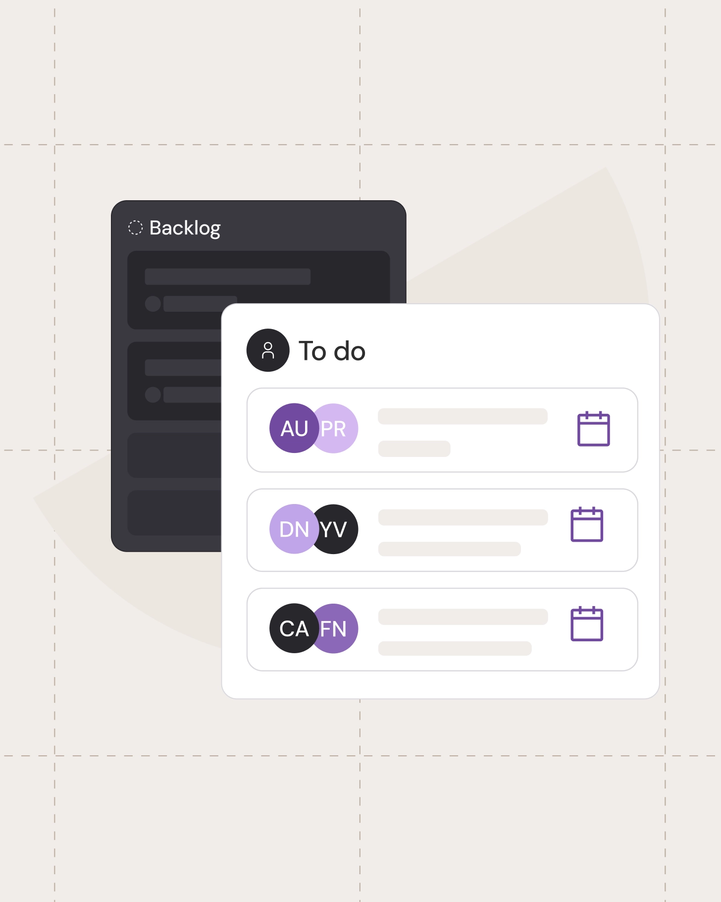 Backlog panel beside a “To do” list with assigned users and due date icons.