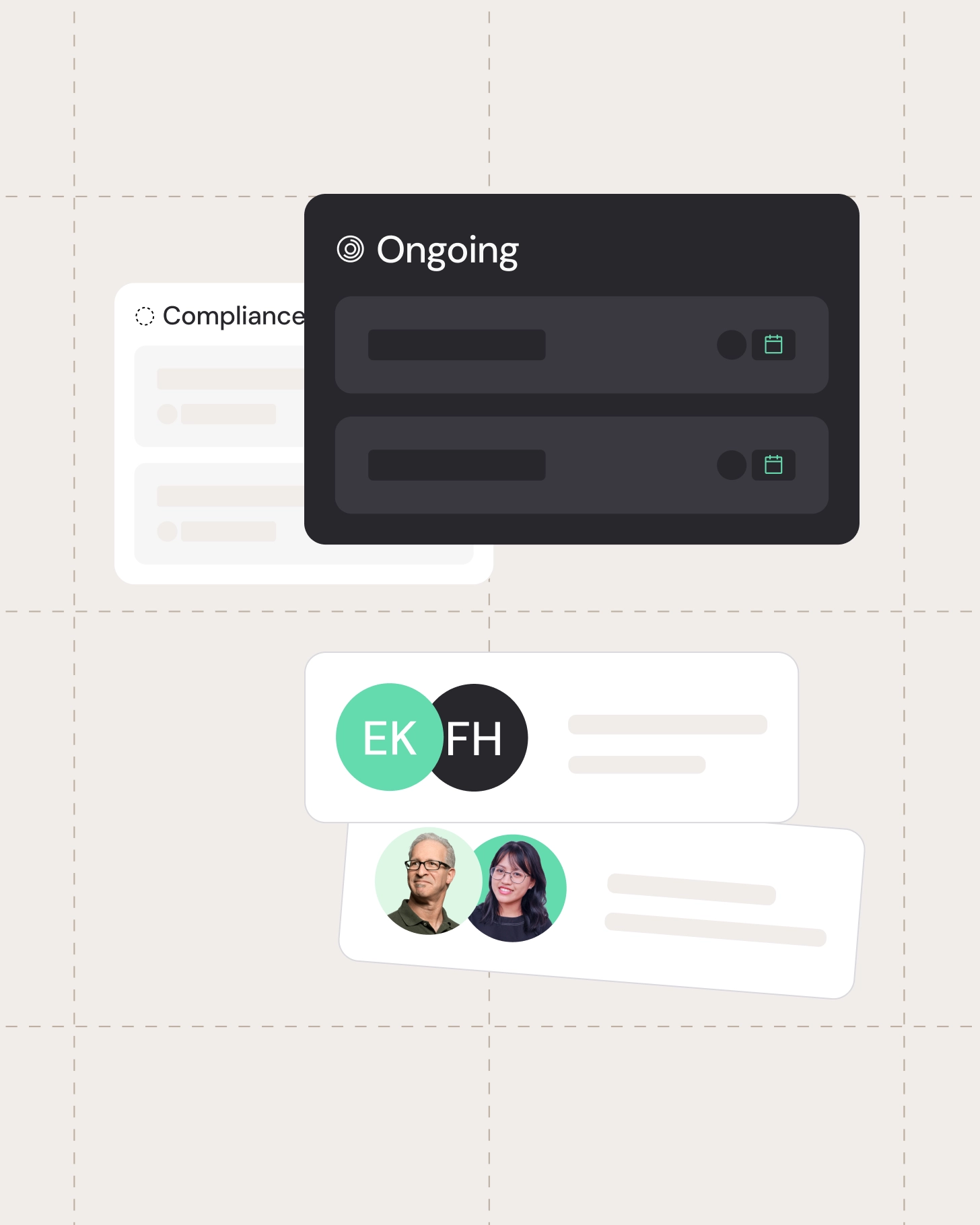 Ongoing compliance tasks with assigned owners and calendar indicators.