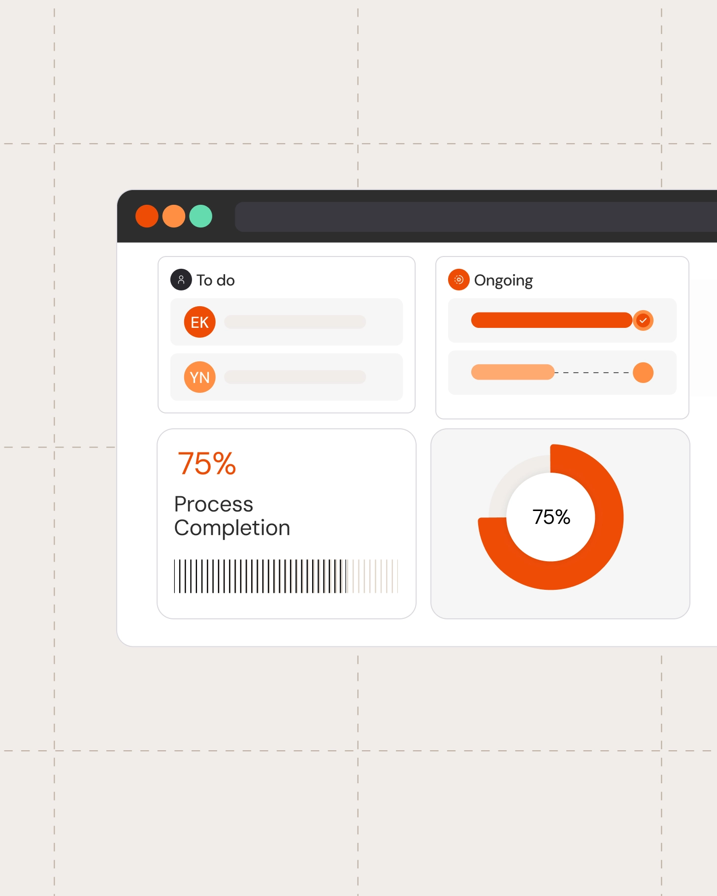 Process portfolio dashboard illustrating workflow progress and performance metrics