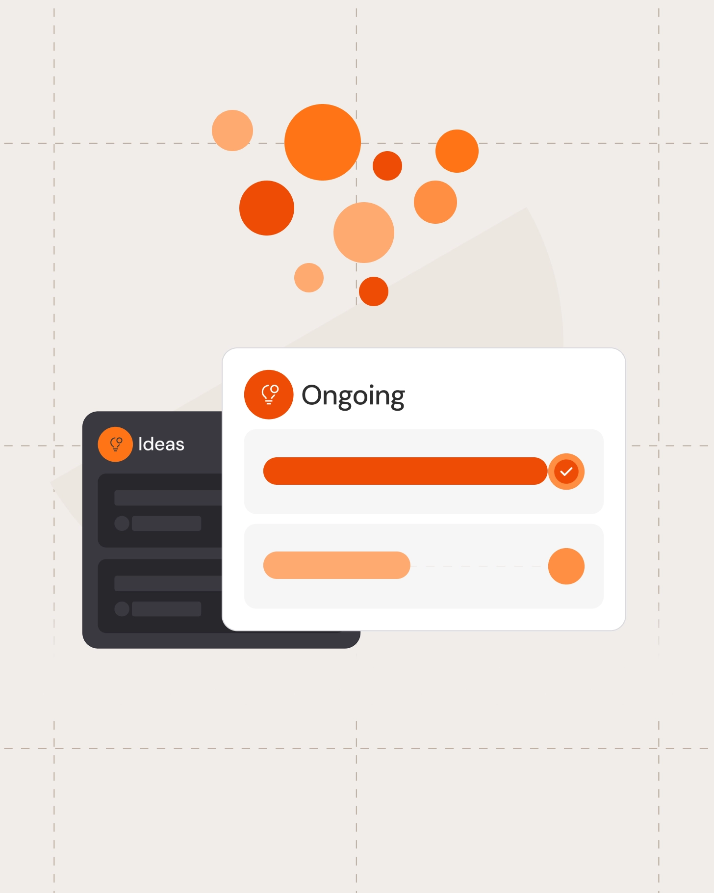 Idea management view showing ongoing ideas with progress bars and status indicators.