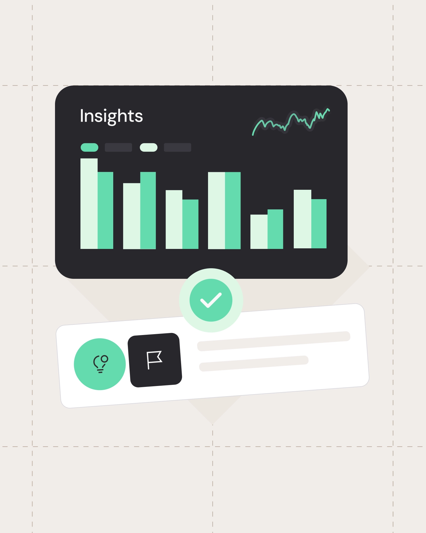 Goals overview showing completed and ongoing objectives with progress bars and directional indicators