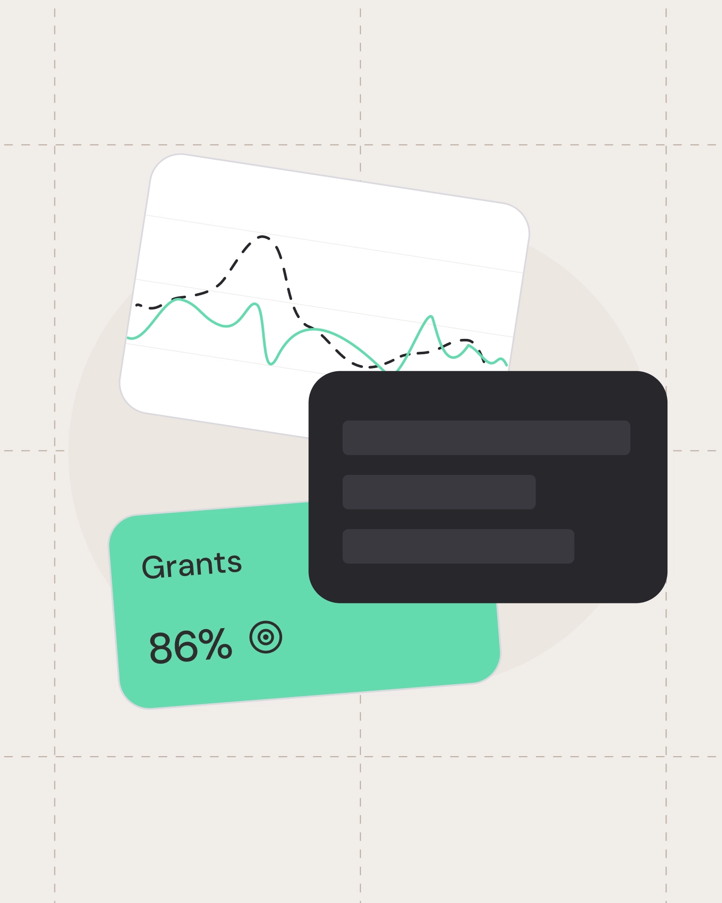 Analytics card highlighting grant performance with an 86 percent success rate and trend line