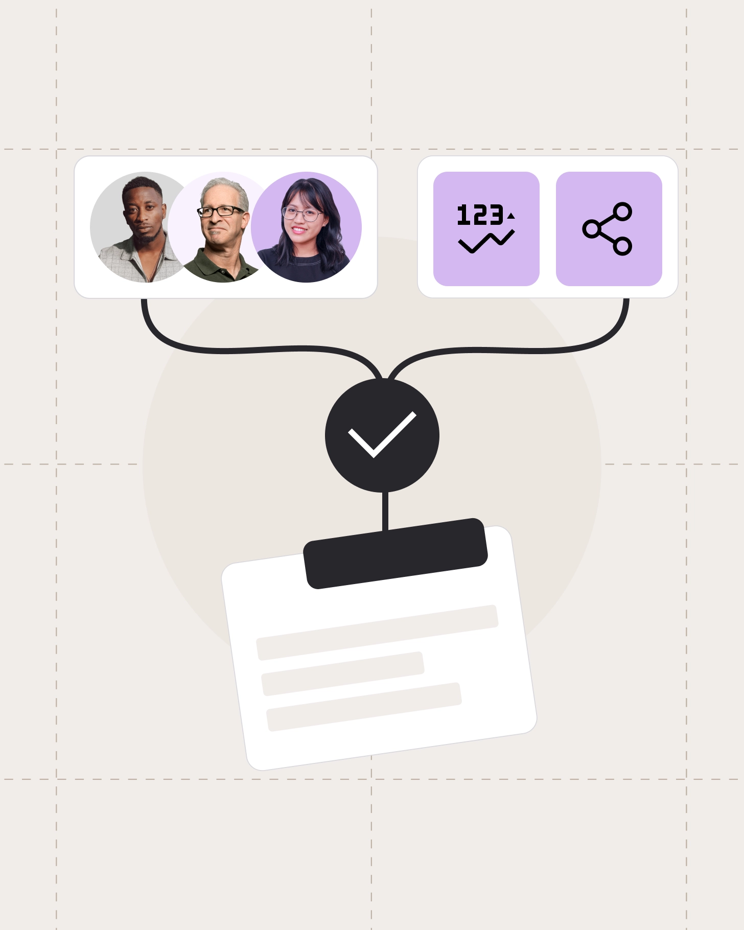 Reporting workflow illustration showing data sources feeding into a completed report