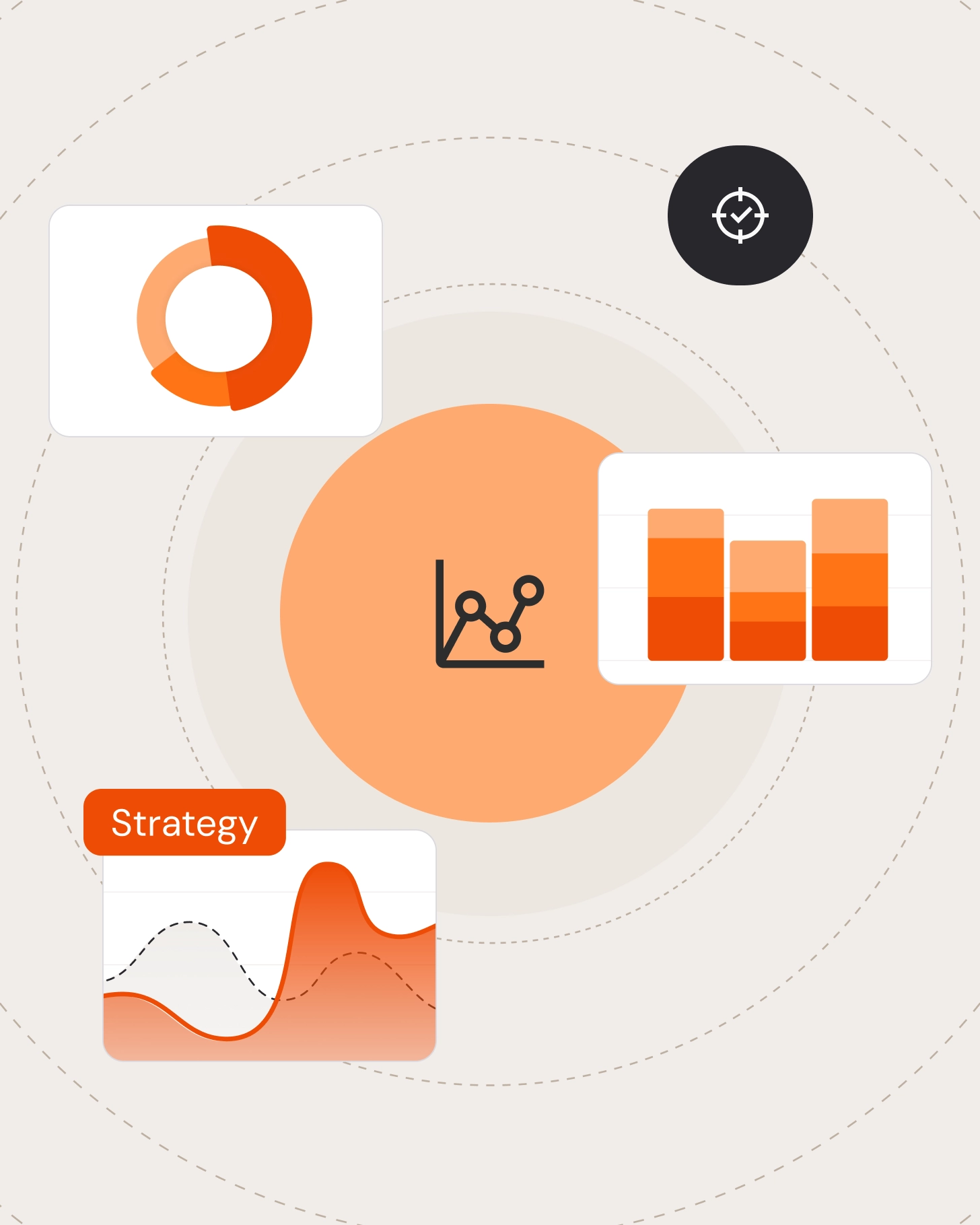 Analytics overview with charts arranged around a central performance icon labeled Strategy.