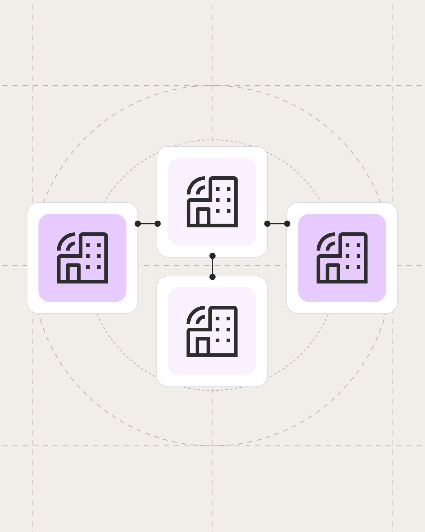 Network diagram of connected organizational units represented by building icons.