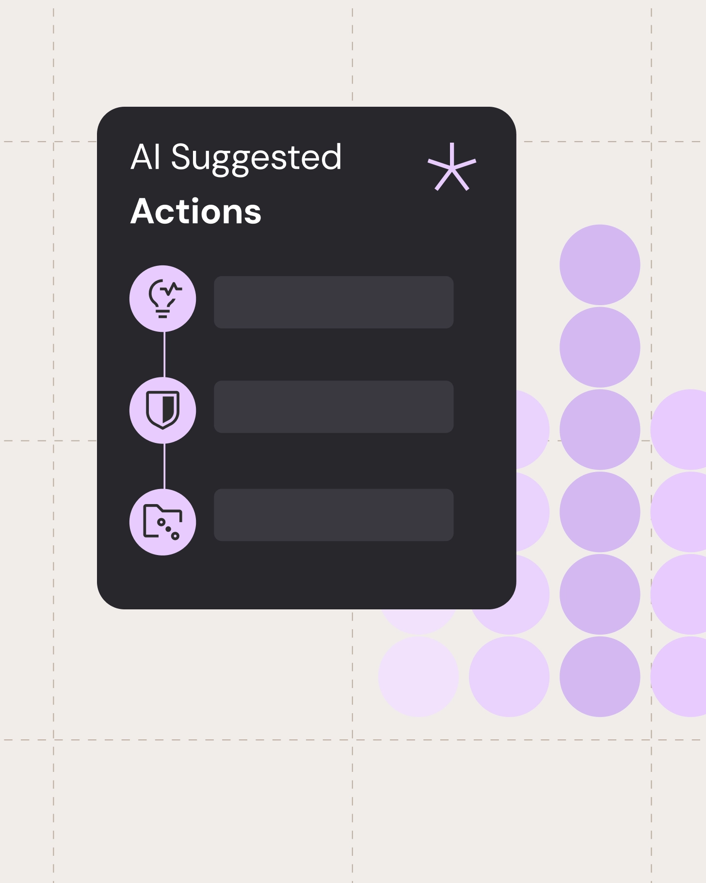 Panel titled “AI Suggested Actions” listing automated recommendations with icons and status rows.