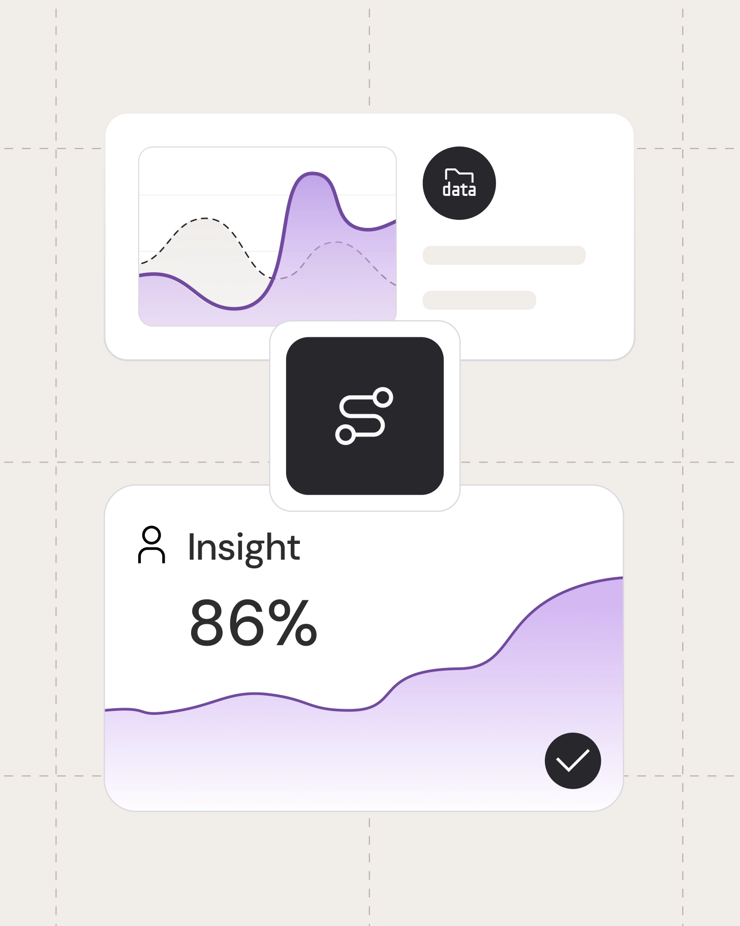 Insight card showing an 86 percent score with a trend line and confirmed action indicator.