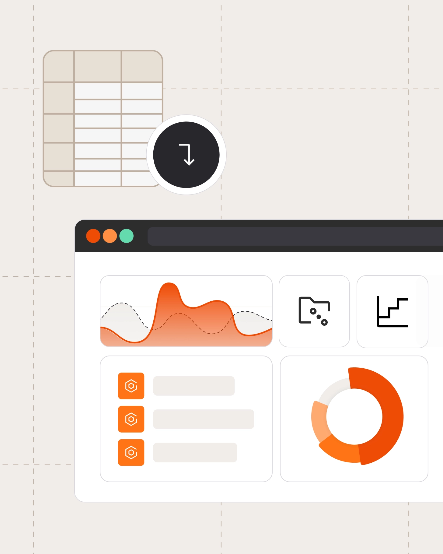 Data table feeding into a performance dashboard with charts and donut visualization.