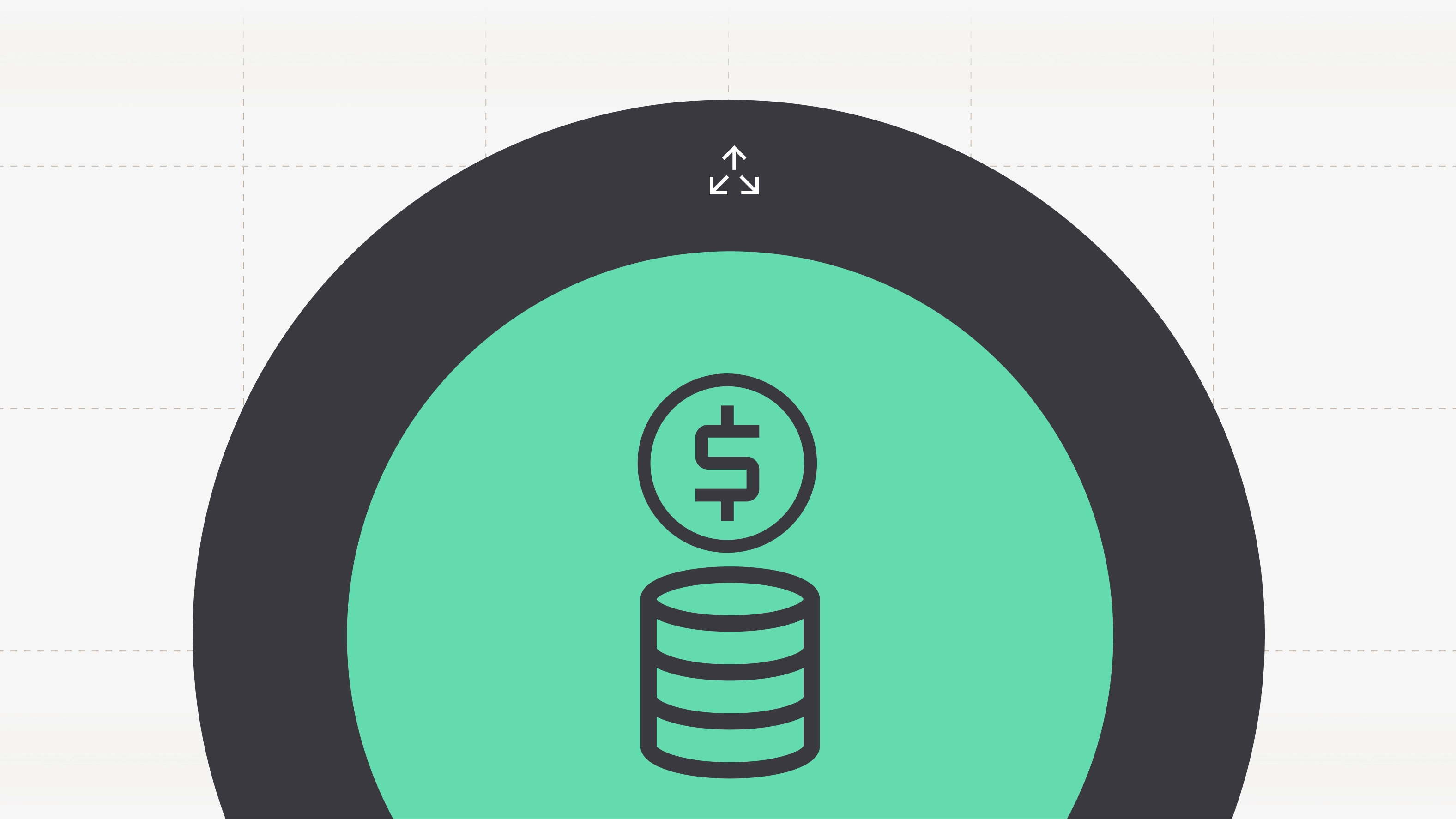Dark circular frame containing a teal circle with a dollar coin and database stack icon, with a three-arrow expand symbol above.