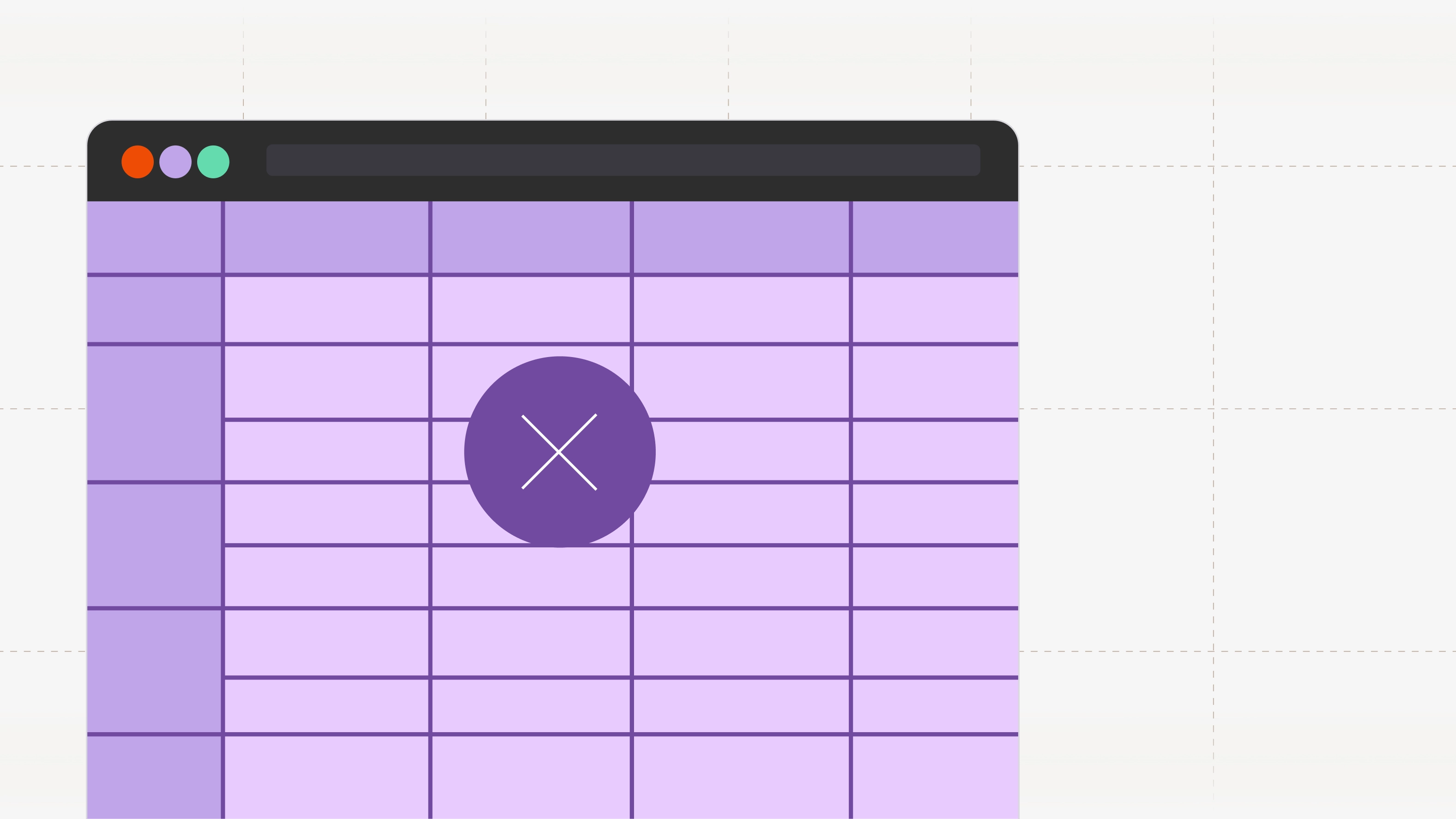 Purple spreadsheet grid in a browser window with a large dark purple X circle overlay, signaling Excel limitations.