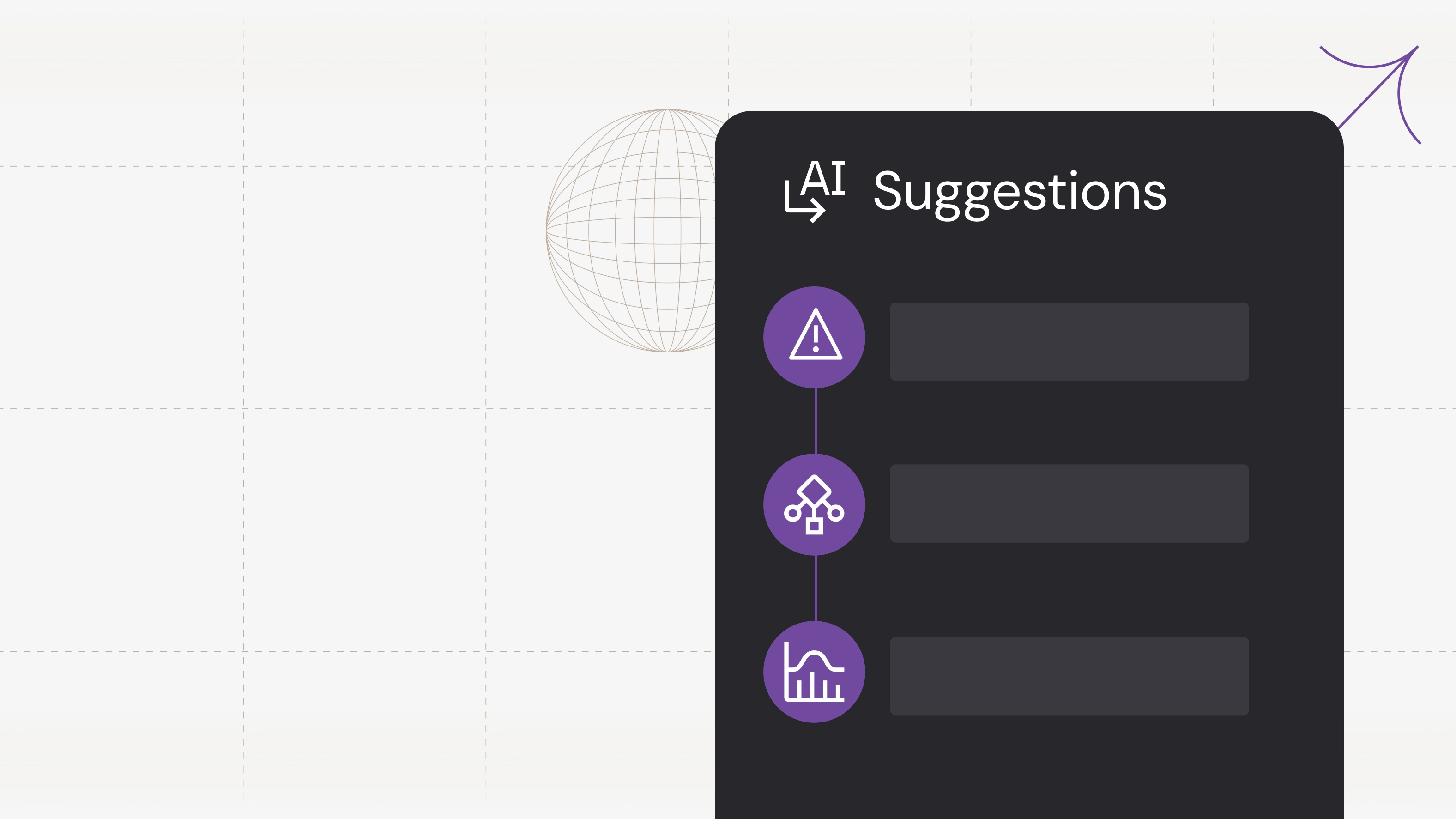 Dark UI panel showing AI Suggestions with three purple icon buttons for alerts, workflow, and analytics, alongside a wireframe globe illustration.