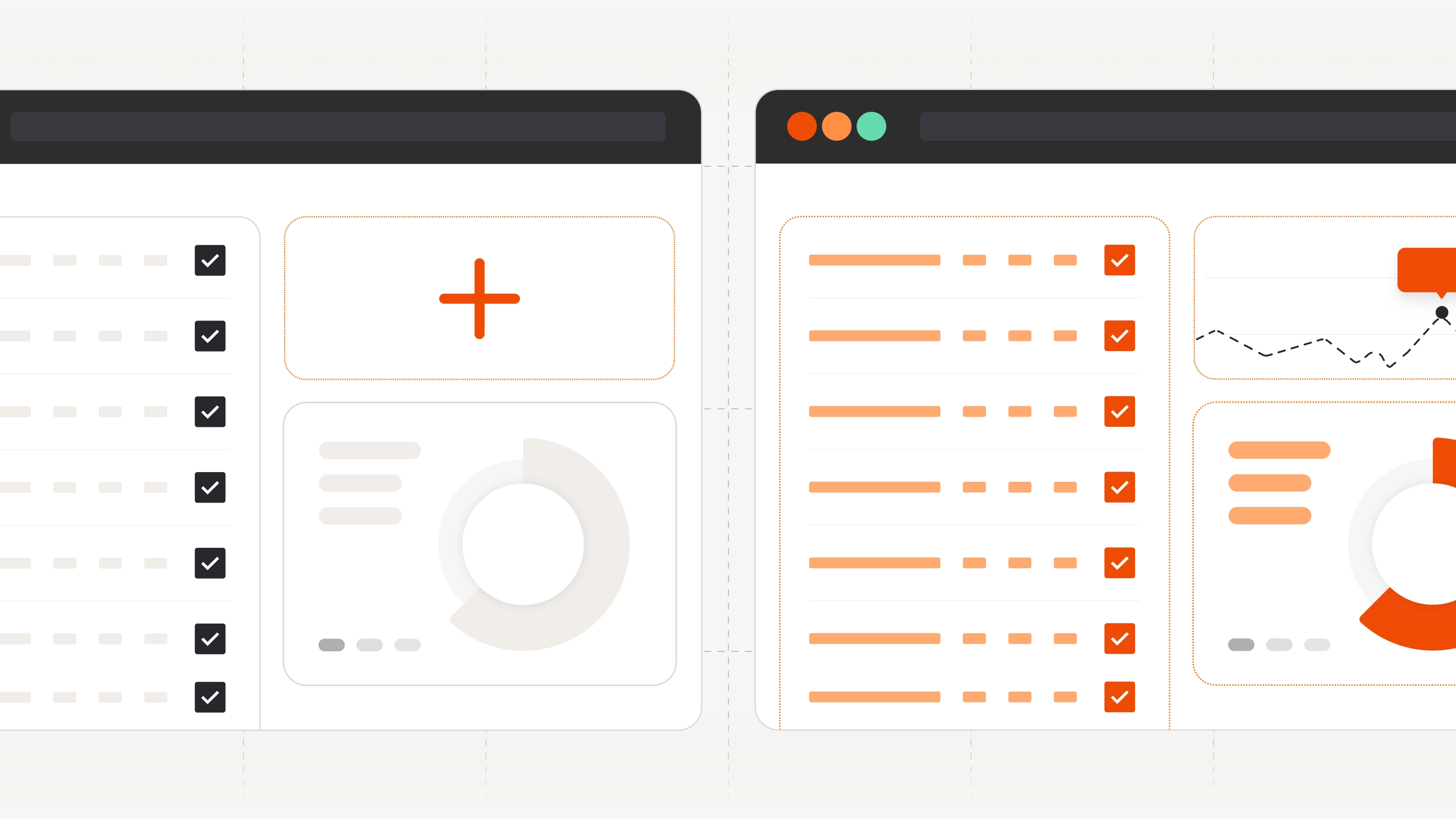 Side-by-side comparison of two software interfaces showing add-on versus dedicated FP&A software, with checklist items and dashboard widgets in orange and white.