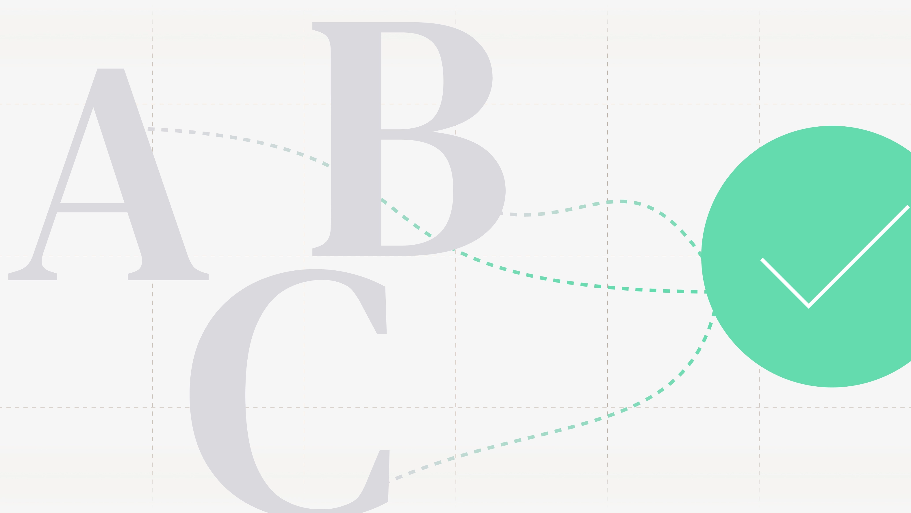 Three letters — A, B, and C — connected by dashed lines converging into a green circle with a checkmark.