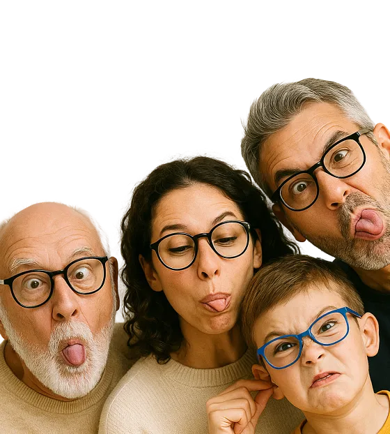 Four family members wearing glasses making funny faces, including sticking out tongues and pulling ears.
