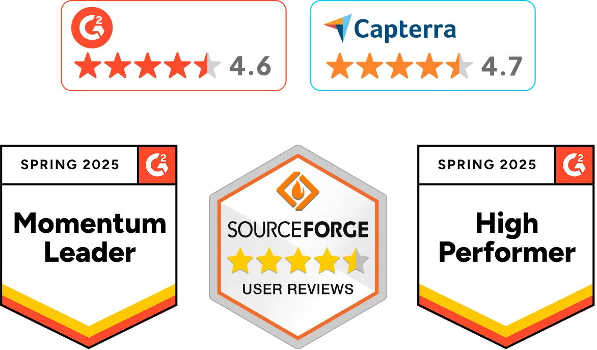 Almabase G2 and Capterra badges