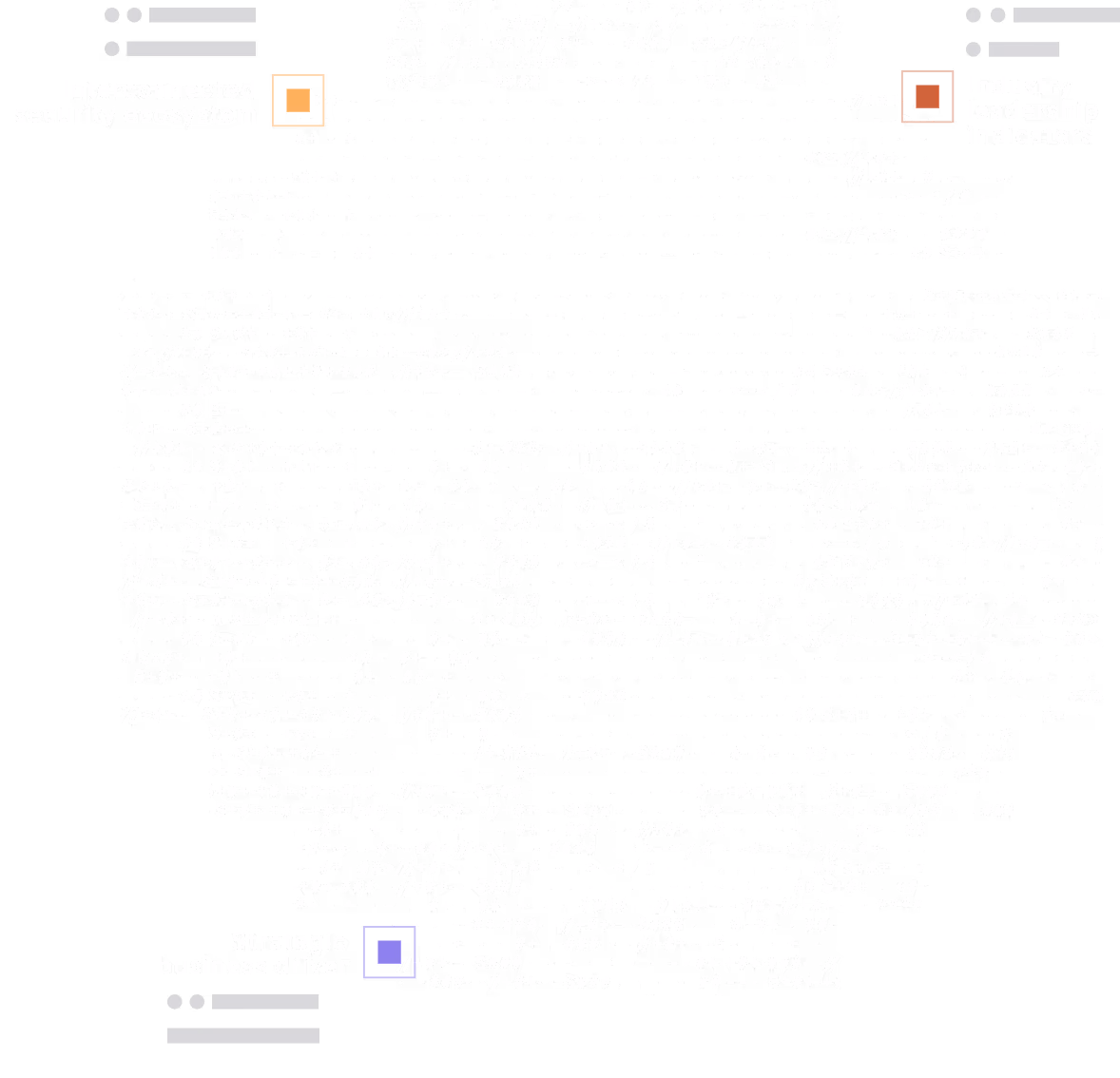 A black background with white text and symbols arranged in a pattern. The text labels three areas: "Interconnected security ecosystem" in the upper left, "Industry leadership indicators" in the upper right, and "Strategic business driver" in the lower center. Each label is associated with a colored square (orange, red-orange, and light purple, respectively) and a set of horizontal lines and dots. The rest of the image is filled with a dense arrangement of white characters and symbols, creating a textured, almost map-like appearance.