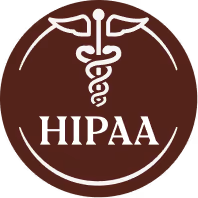 A circular logo with a brown background and white text and graphics. At the top is a caduceus symbol, a staff with two snakes coiled around it and wings at the top. Below the caduceus is the word "HIPAA" in large, bold, white letters. A white line forms a semi-circle around the bottom of the word "HIPAA". The entire design is contained within a brown circle.