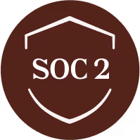 A circular badge with a dark red background and a white outline of a shield. The text "SOC 2" is written in white inside the shield.
