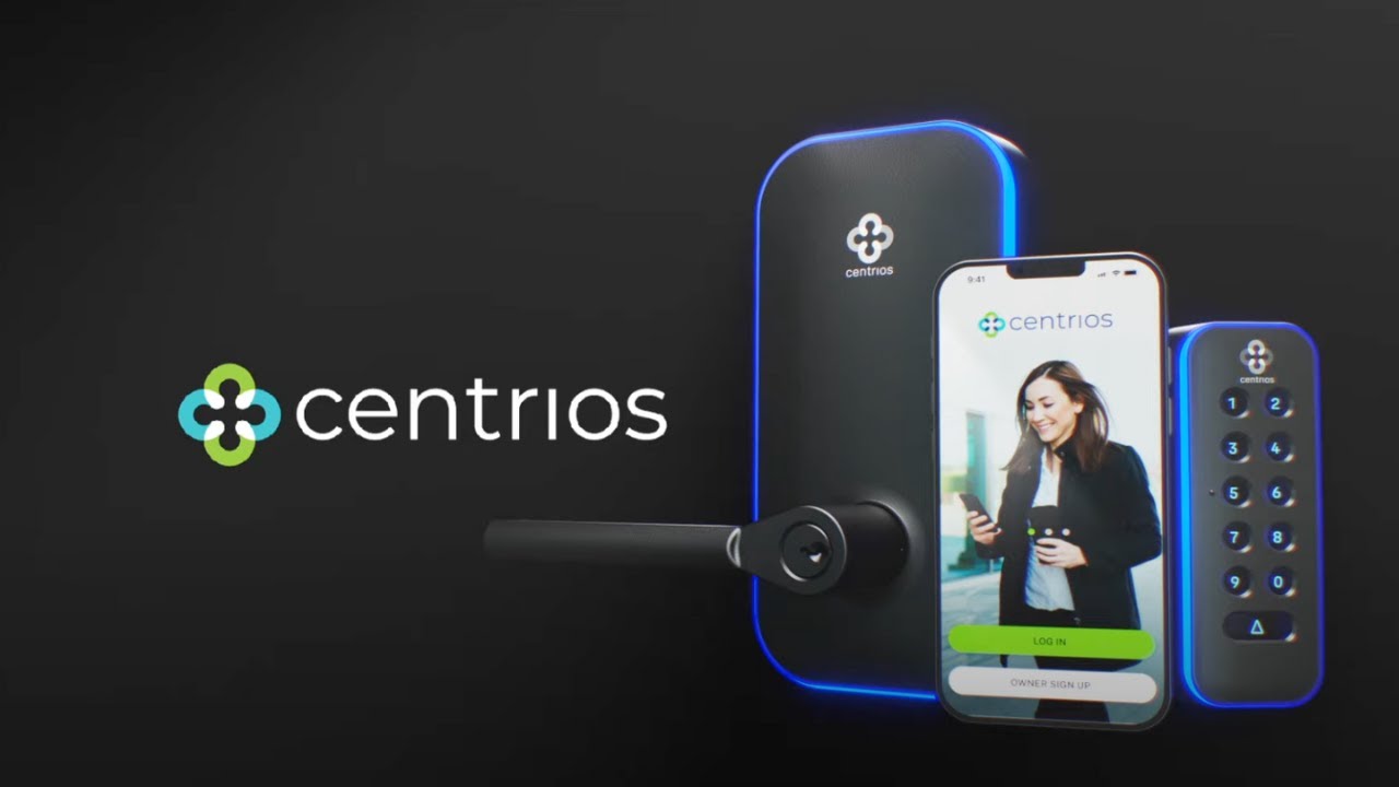 Centrios smart lock system featuring a door lock, keypad, and a smartphone displaying the Centrios app with login options.
