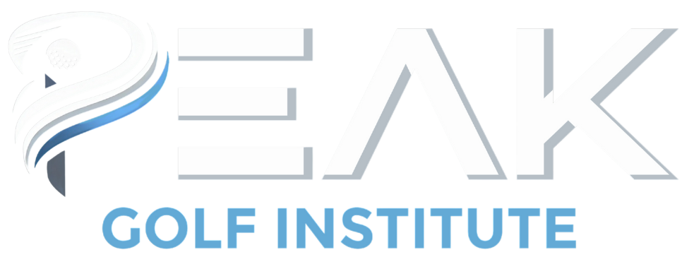 Logo for Peak Golf Institute featuring stylized golf tee and ball integrated with the word PEAK above text 'GOLF INSTITUTE'.