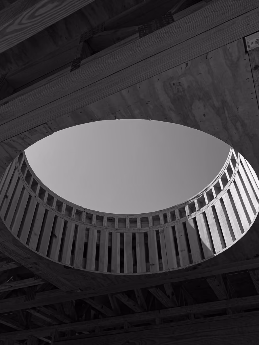 Curved wooden slat shelter with open sky view under natural treehouse design.