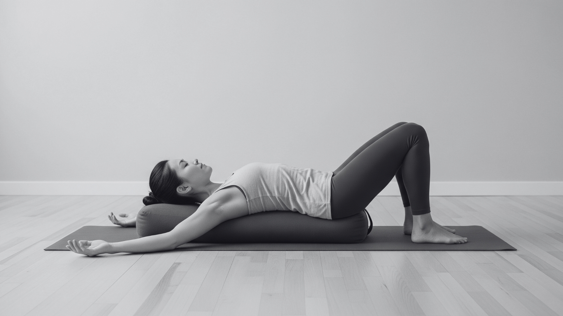 Donna che pratica Yin Yoga con l'aiuto di un bolster.
