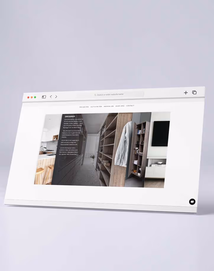 Perspective view of a computer screen displaying a website with images of a modern walk-in closet, a kitchen area, and a living room with a built-in shelf and TV.