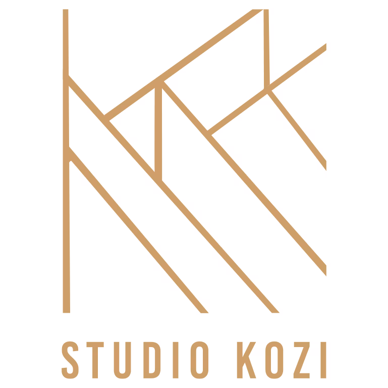 Geometric abstract lines forming an M shape above the text Studio Kozi in capital letters.