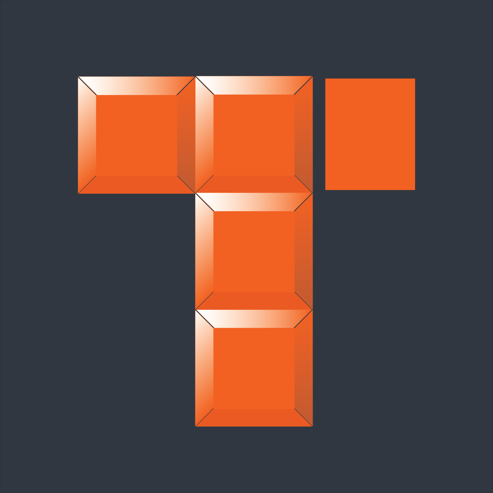 Stylized orange capital letter T composed of five beveled square tiles on a dark gray background.
