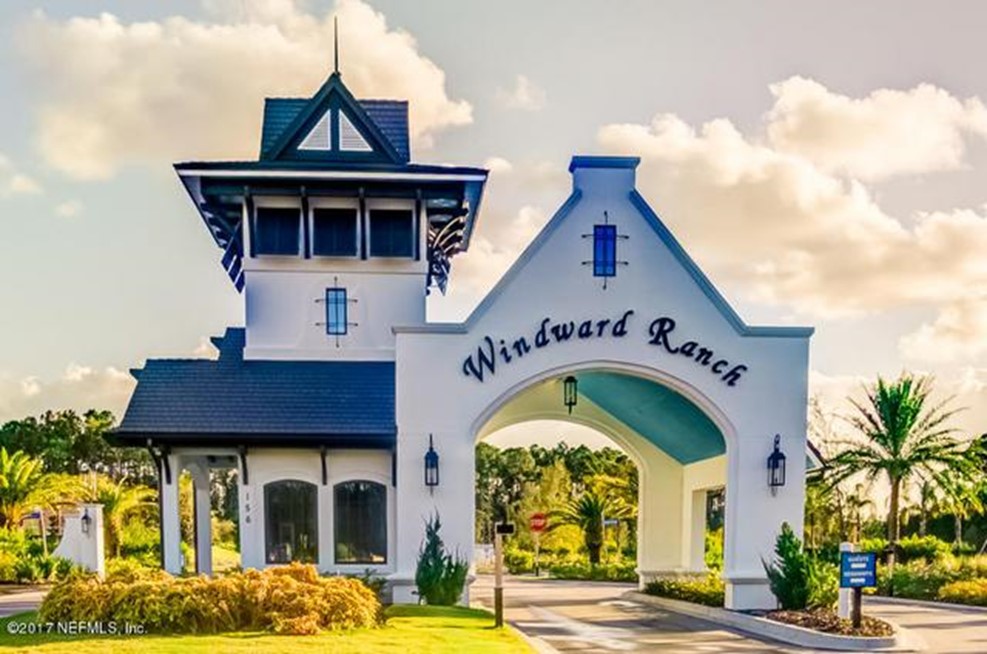 Windward Ranch entrance gate with white and blue architectural design