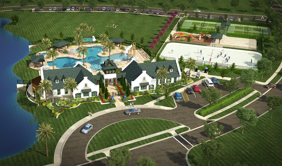 Aerial view of luxury resort with pool, houses, sports courts, and lake