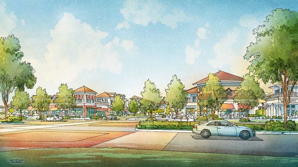 Watercolor sketch of suburban neighborhood with trees and buildings