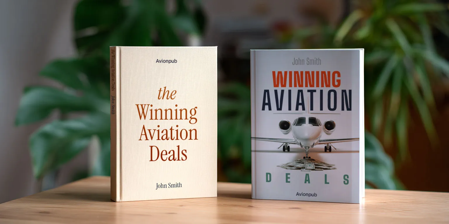 Side-by-side photo of two books titled “Winning Aviation Deals” by John Smith. One has a minimal, elegant design; the other features bold colors and a private jet with cash on the cover, highlighting contrasting brand personalities.