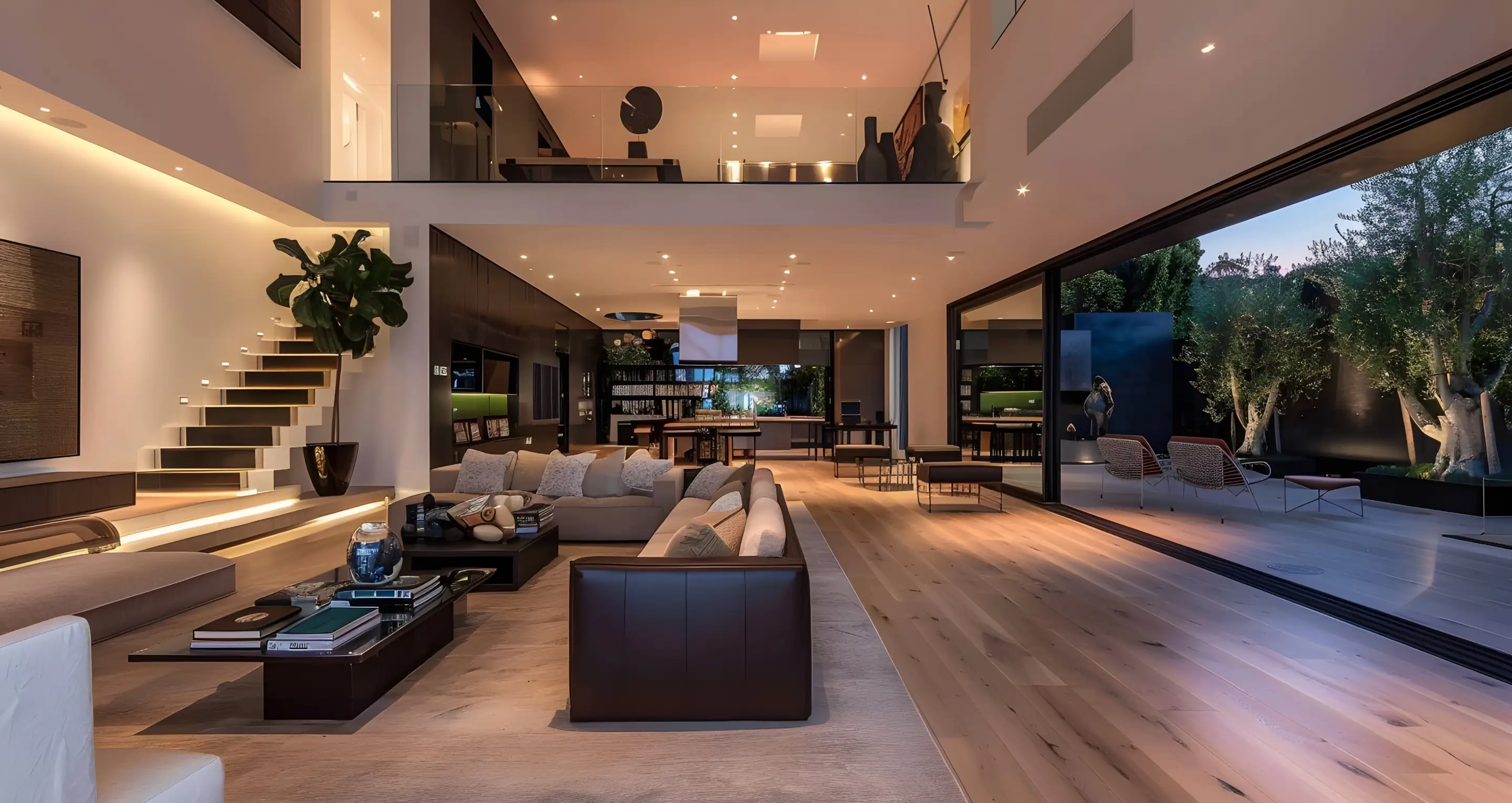 Modern luxury living room with open layout elegant furnishings floating staircase and seamless indoor-outdoor connection to patio and garden
