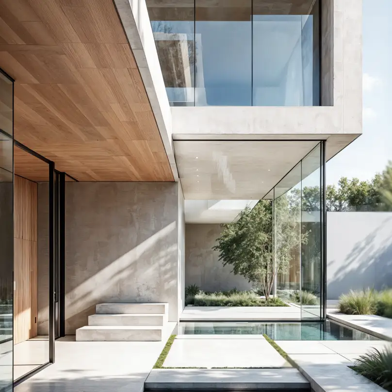Minimalist modern home exterior with large glass walls concrete surfaces wood ceiling and a tranquil courtyard with greenery and water feature