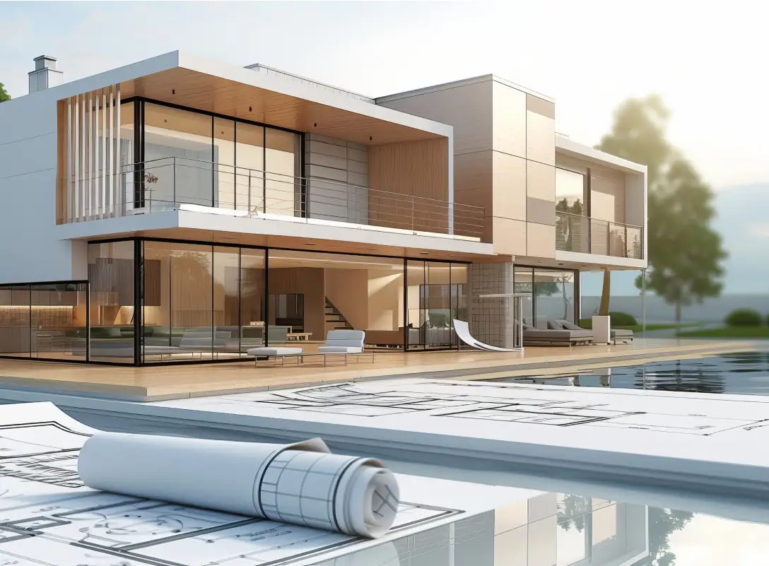 Modern two-story glass house with poolside view and architectural blueprints in the foreground