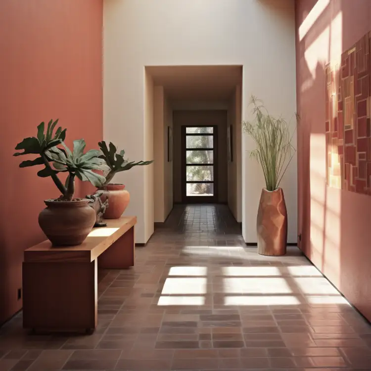 Modern hallway with terracotta walls natural light and decorative potted plants