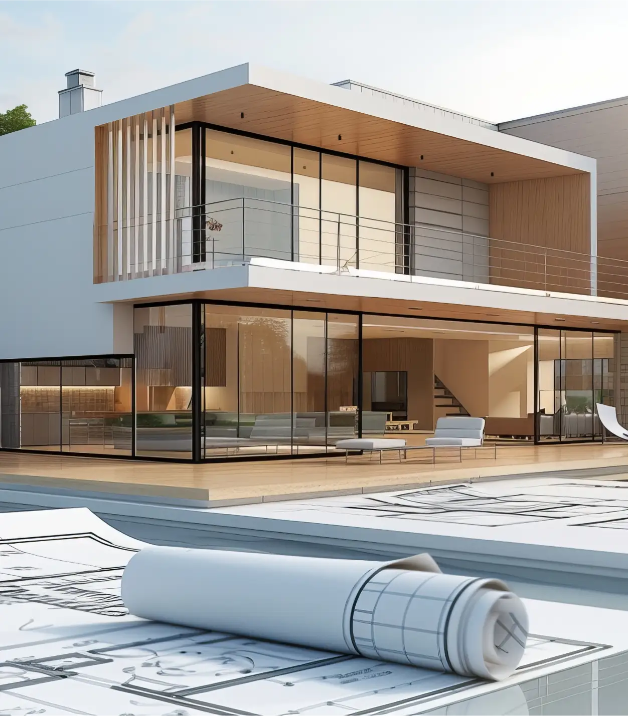 Modern architectural home with floor-to-ceiling glass and visible blueprints